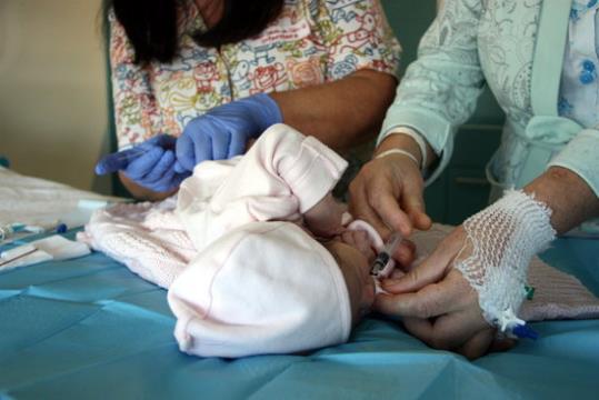 La mare d'un nadó li dóna sacarosa a la seva filla mentre que la infermera li realitza la prova del taló . ACN