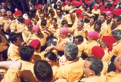 La pinya de la colla dels Bordegassos, preparant la base d'una construcció castellera. FdG