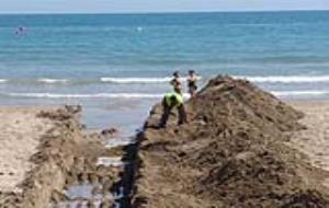 Uns operaris fent la rasa a la platja d'Adarró mentre unes banyistes passegen per la sorra.