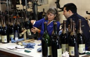 Treballadors del Grup Freixenet preparant les ampolles de cava per distribuir-les.