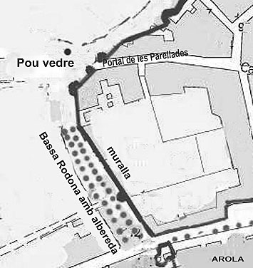 El  Pou Vedre i la Bassa rodona amb lalbereda davant la muralla i el Portal de les Parellades vers 1838 segons plànol de Carles Arola