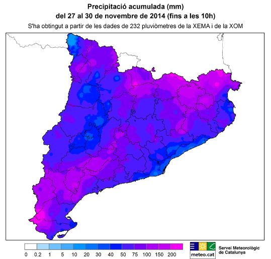 EIX. Aquest mapa mostra la precipitació acumulada a Catalunya des de dijous i fins avui diumenge a les 10 del matí
