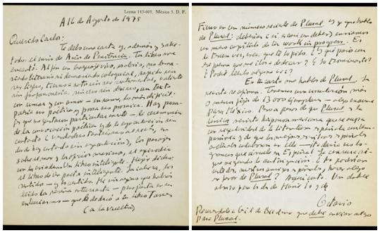 EIX. Reproducció d'una carta manuscrita d'Octavio Paz dirigida a Carlos Barral