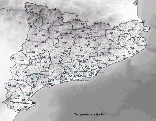 EIX. Temperatura a les 6.00h: Barcelona 8ºC, Girona -1ºC, Tarragona 5ºC i Lleida 2ºC 