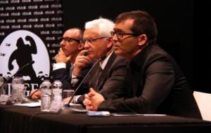 El director del Festival de Sitges, Ángel Sala, el conseller de Cultura, Ferran Mascarell, i l'alcalde de Sitges, Miquel Forns, a l'Arts Santa Mònica.
