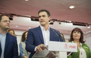 El secretari general del PSOE, Pedro Sánchez, durant la seva compareixença per valorar els resultats electorals. ACN