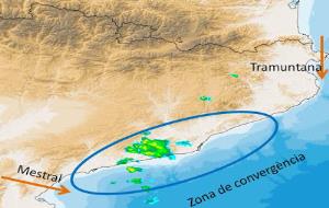 Esquema de la situació del radar durant la matinada de dissabte 25 de juliol. Els ruixats es reprodueixen a la zona de convergència de vents