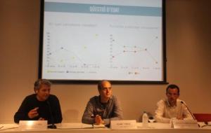 Jordi Rovira i Adrián Caballero, representants de Report.cat, han presentat la seva enquesta sobre l'estat d'ànim del periodisme a Catalunya. ACN