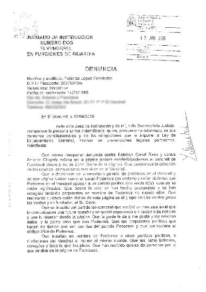 EIX. La secretària general de Podem al Vendrell, Yolanda López, ha denunciat el portaveu dels Verds per administrar una pàgina falsa de Podem a Facebo