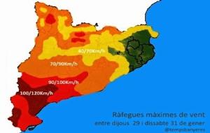 Mapa amb la previsió de ràfegues màximes de vent a Catalunya entre els dies 29 i 31 de gener