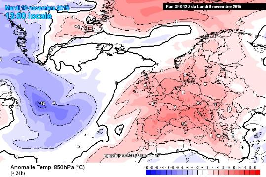 Mapa amb les anomalies de temperatura (850hPa) prevista per dimarts 10 de novembre. EIX