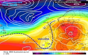 Mapa amb les temperatures previstes per dissabte 31 d'octubre a les 13:00 per model GFSMapa de pressió atmosfèrica previst per dilluns 2 de novembre