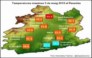 Pere Almendárez. Mapa de distribució de les temperatures màximes durant el dia 3 de maig de 2015