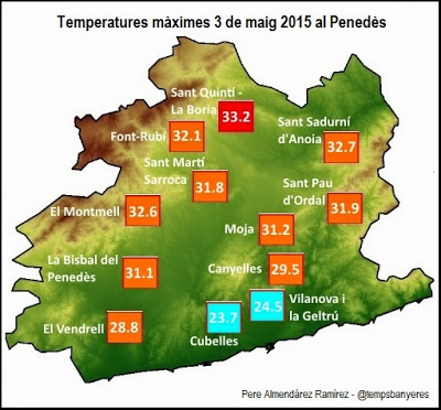 Pere Almendárez. Mapa de distribució de les temperatures màximes durant el dia 3 de maig de 2015