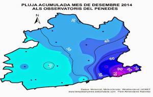 Mapa de precipitació acumulada (mm) als observatoris penedesencs. Elaboració pròpia.
