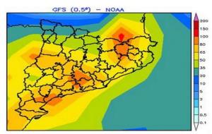 Mapa de precipitació acumulada previst pel model meteorològic GFS per dilluns 2 de novembre. EIX