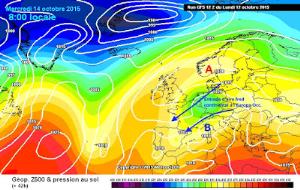 Mapa de pressió a nivell de mar previst per dimecres 14 d'octubre