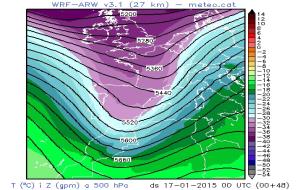 Mapa de temperatura prevista a 500hPa (5.500 metres) pel model WRF-ARW per dissabte a les 00:00