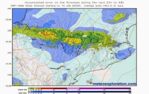 Mapa de temperatura prevista a 500hPa (5.500 metres) pel model WRF-ARW per dissabte a les 00:00Mapa de neu prevista per les pròximes 48 hores (a parti