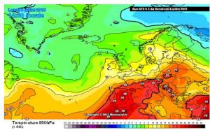 Mapa de temperatures a 850hPa (1.500msnm) previst per dilluns 6 de juliol. Meteociel