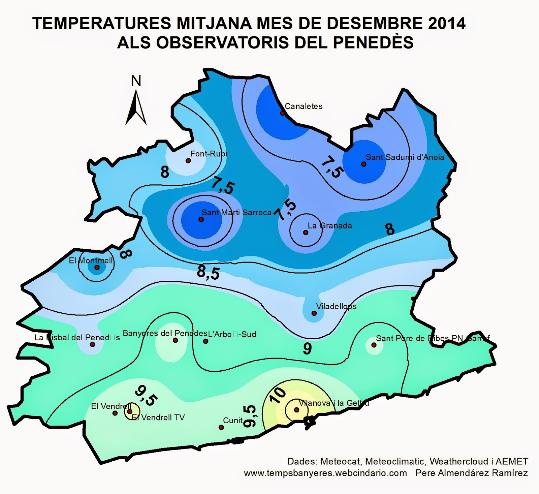 Pere Almendárez. Mapa de temperatures mitjanes (ºC) als observatoris penedesencs. Elaboració pròpia.