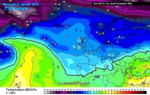 Mapa de temperatures previst per dimecres 21 de gener a 850hPa (1.500 mestres). 