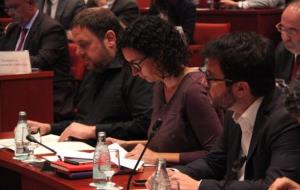 Oriol Junqueras, Marta Rovira i Pere Aragonès (ERC), a la compareixença del president de la Generalitat en funcions. ACN
