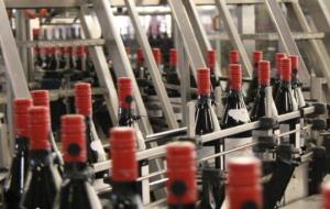 Pla general de desenes d'ampolles de vi negre passant per la cadena d'etiquetatge i empaquetament. ACN