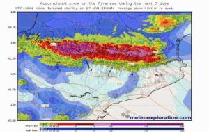 Previsió de gruixos de neu pels propers 5 dies al Pirineu, algun màxims superen els 100cm sobretot al Pirineu Occidental i la cara nord de la serralad