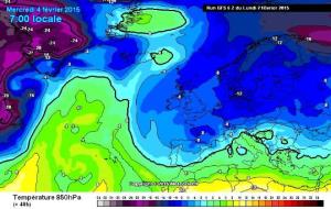 Previsió de pressió atmosfèrica a nivell del mar del model GFS per dimarts al matíPrevisió de temperatures a 850 hPa ( 1.500 metres ) del model GFS pe