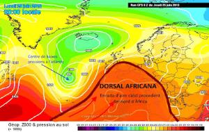 Temperatures a 850hPa (1.500 metres d'alçada) previst per dimarts 30 de juny. EIX