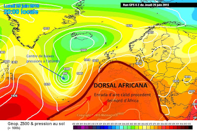 Temperatures a 850hPa (1.500 metres d'alçada) previst per dimarts 30 de juny. EIX