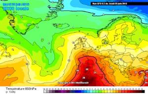 Temperatures a 850hPa (1.500 metres d'alçada) previst per dimarts 30 de juny