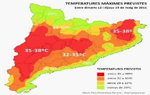 Temperatures màximes previstes entre dimarts 12 i dijous 14 de maig de 2015 a Catalunya.