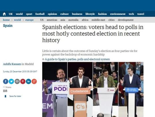 Una imatge de l'article del diari britànic 'The Guardian' sobre les eleccions del 20 de desembre a Espanya. ACN