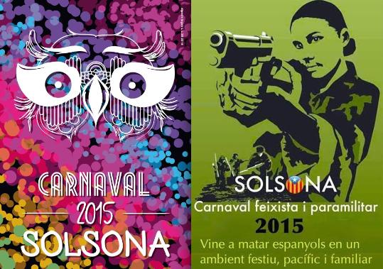 El cartell oficial del carnaval de Solsona 2015 i, al costat, el cartell de la polèmica. EIX