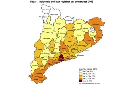 Incidència de l'atur registrat per comarques al 2015. Eix