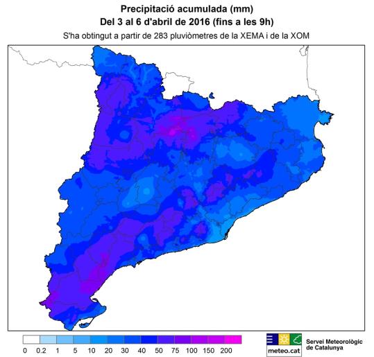 Mapa de la precipitació acumulada durant l'episodi de pluja i neu dels últims dies a Catalunya, obtingut a partir de les dades de 283 estacions. Meteo