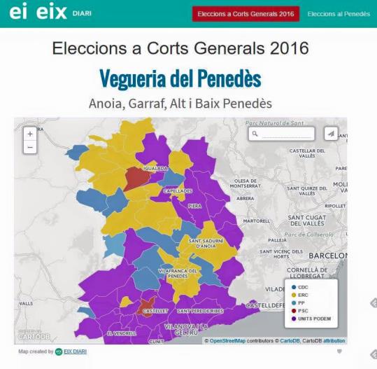 Mapa de la vegueria del Penedès amb els resultats electorals dels 26-J. EIX