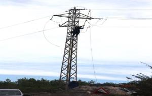 Pla general d'un operari de la companyia elèctrica revisant la línia de mitja tensió d'Albinyana