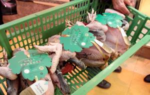 Pla obert d'una capsa amb tres galls del Penedès etiquetats amb l'IGP