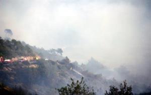 Un bomber amb una mànega d'aigua a la zona de l'incendi d'Albinyana. ACN