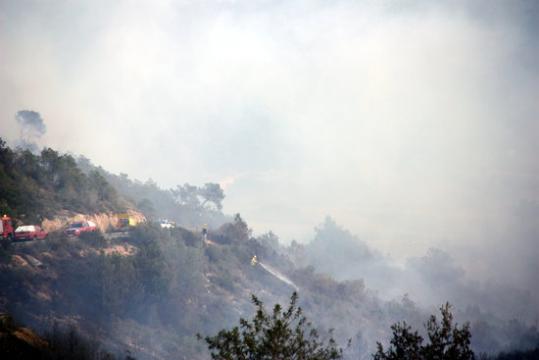 Un bomber amb una mànega d'aigua a la zona de l'incendi d'Albinyana. ACN