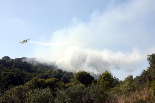 Un hidroavió després de descarregar aigua sobre l'incendi de Calafell. ACN