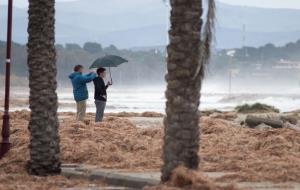 A Cubelles, el front marítim ha quedat cobert d'algues arrossegades pel temporal