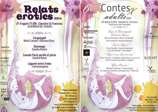 Cartell de la vetllada dels relats eròtics maridats amb vi que organitza l'Acadèmia Tastavins. Eix