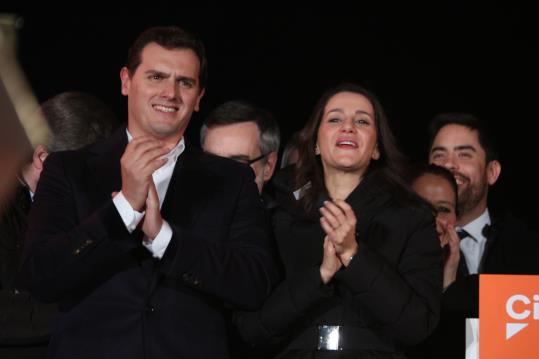El president de Cs, Albert Rivera, i la candidata del partit, Inés Arrimadas, celebren els resultats del 21D. ACN