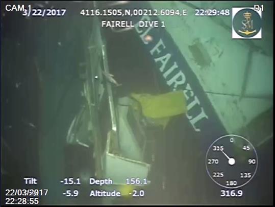 Imatge del Fairell, el pesquer enfonsat dilluns després de ser envestit per un mercant rus, feta pel vehicle submarí de control remot 'ROV Comanche'. 