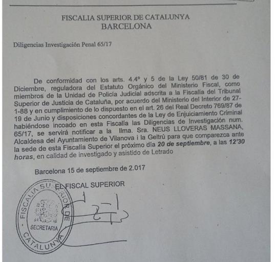 La citació judicial de la presidenta de l'AMI, Neus Lloveras. ACN