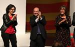 La número dos del PSC el 21-D, Eva Granados, ballant amb el cap de llista, Miquel Iceta, i l'alcaldessa de l'Hospitalet, Núria Marín. ACN